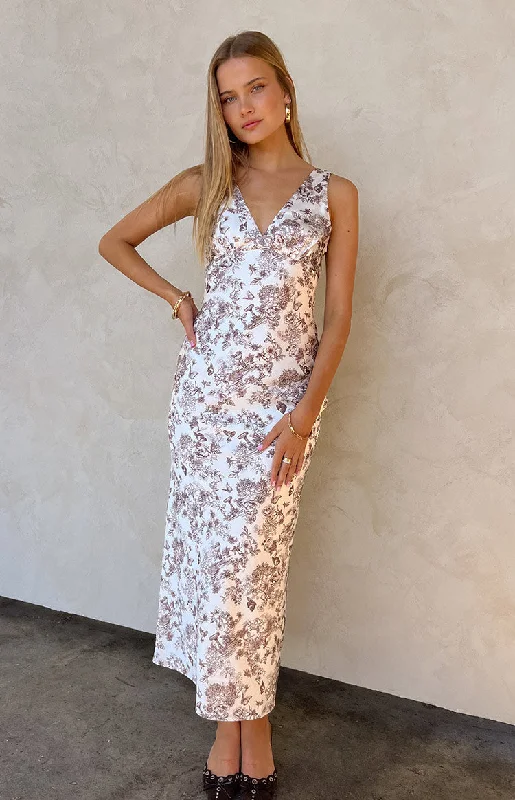Street Personality Style Open-back party dress Verlaine Brown Garden Print Maxi Dress Street Personality Style Open-back party dress Verlaine Brown Garden Print Maxi Dress